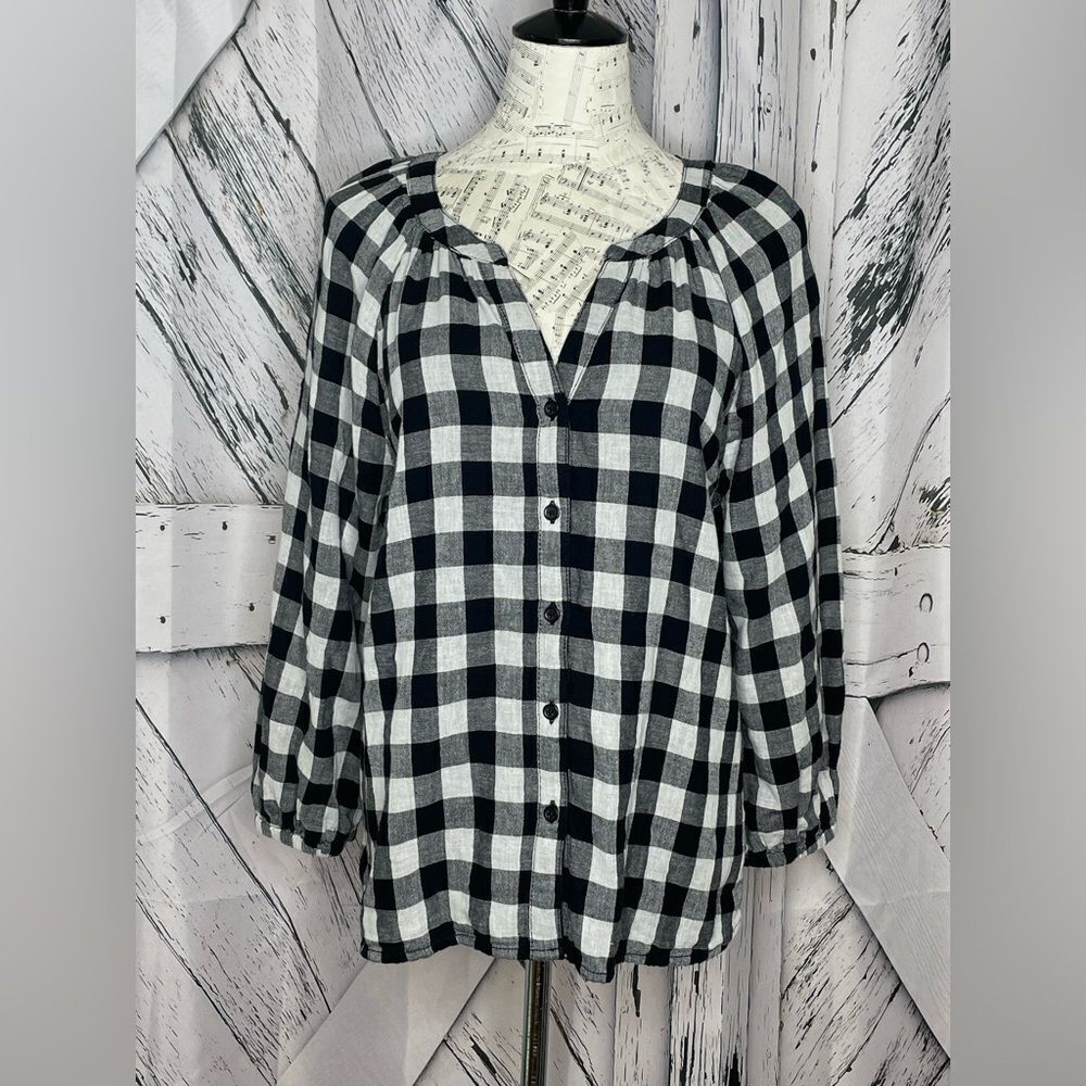beachlunchlounge Black & White Checkered Peasant Top Sz M